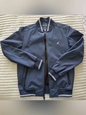 Nautica Men’s Navy Blue Bomber Jacket with White Trim